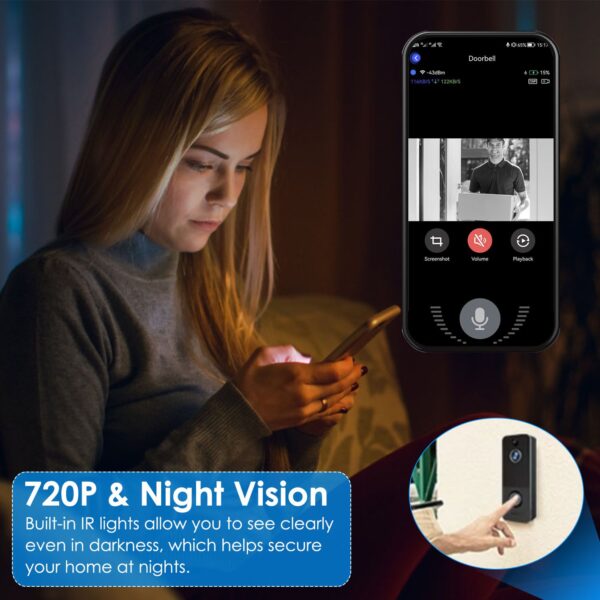 Wireless Smart WiFi Video Doorbell Security Phone Door Ring Intercom Camera Two Way Audio Night Vision 720P Motion Detection Battery Operated - Image 3