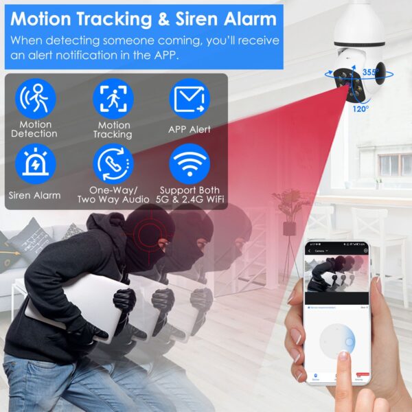 E27 WiFi Bulb Camera 1080P FHD WiFi IP Pan Tilt Security Surveillance Camera with Two-Way Audio Full Color Night Vision Flood Light Motion Tracking Siren Function APP Control - Image 5